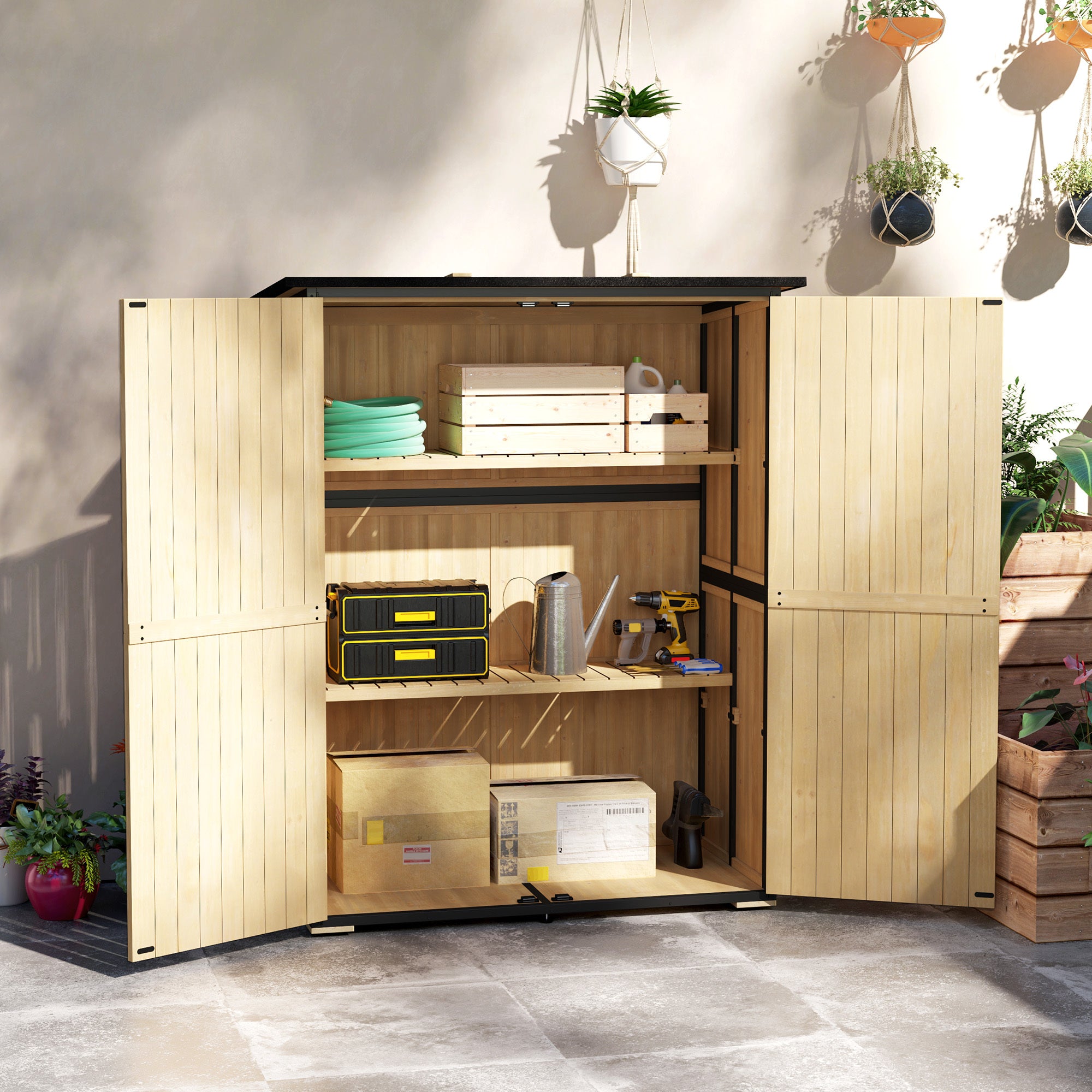 Outdoor Wooden Storage Shed with Shelves and Lockable Doors AI62Decor