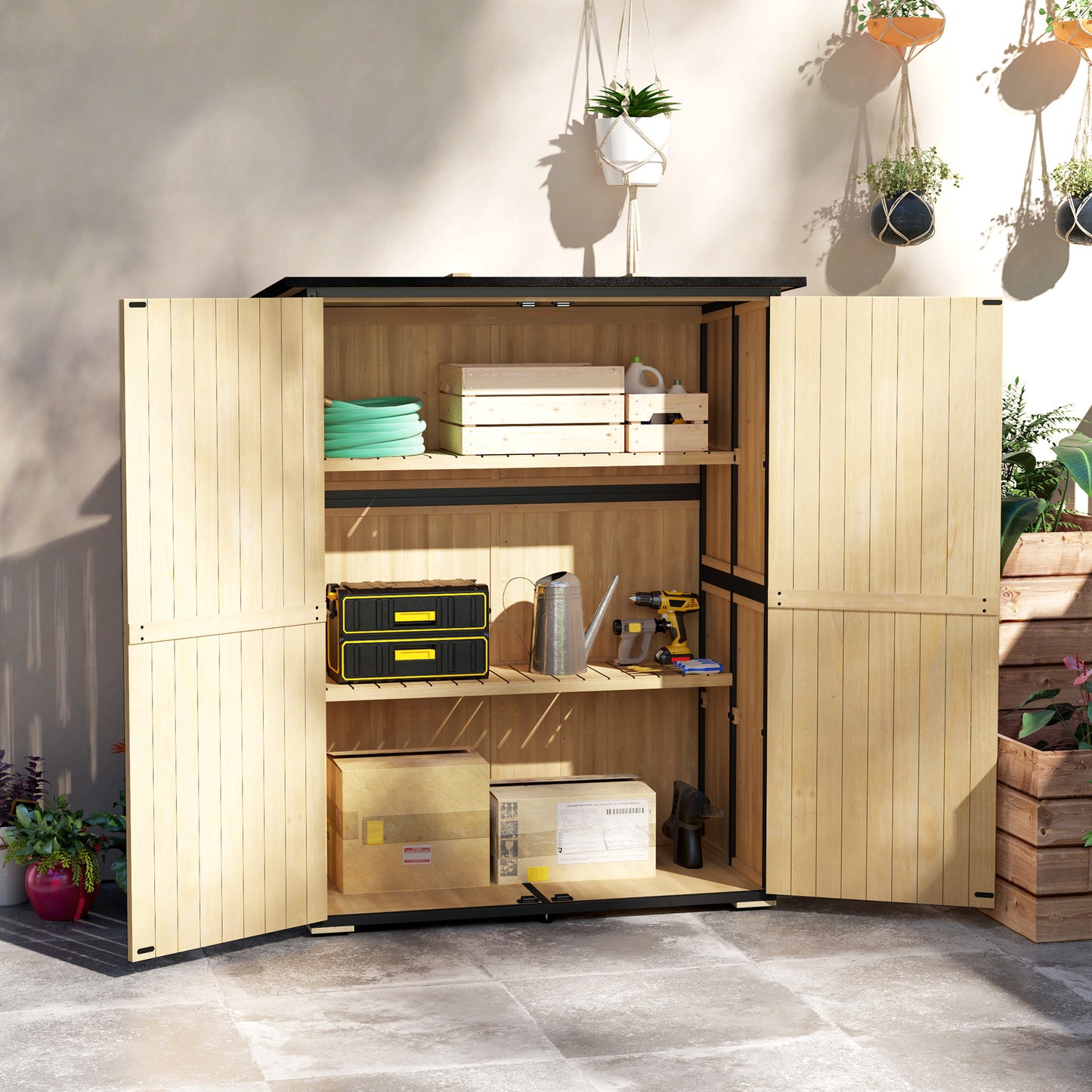 AI62 Decor Outdoor Wooden Storage Shed with Shelves and Lockable Doors