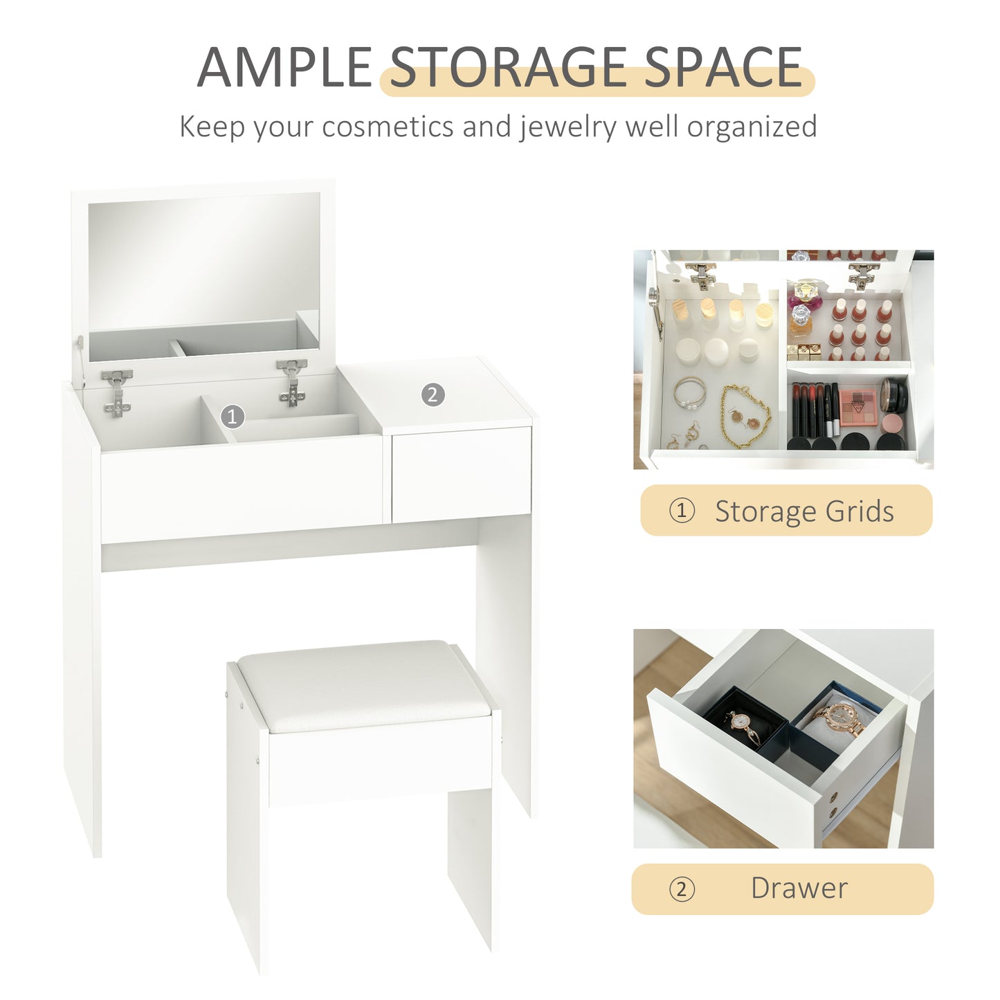 AI62 Decor Vanity Table Set with Flip-Up Mirror & Stool