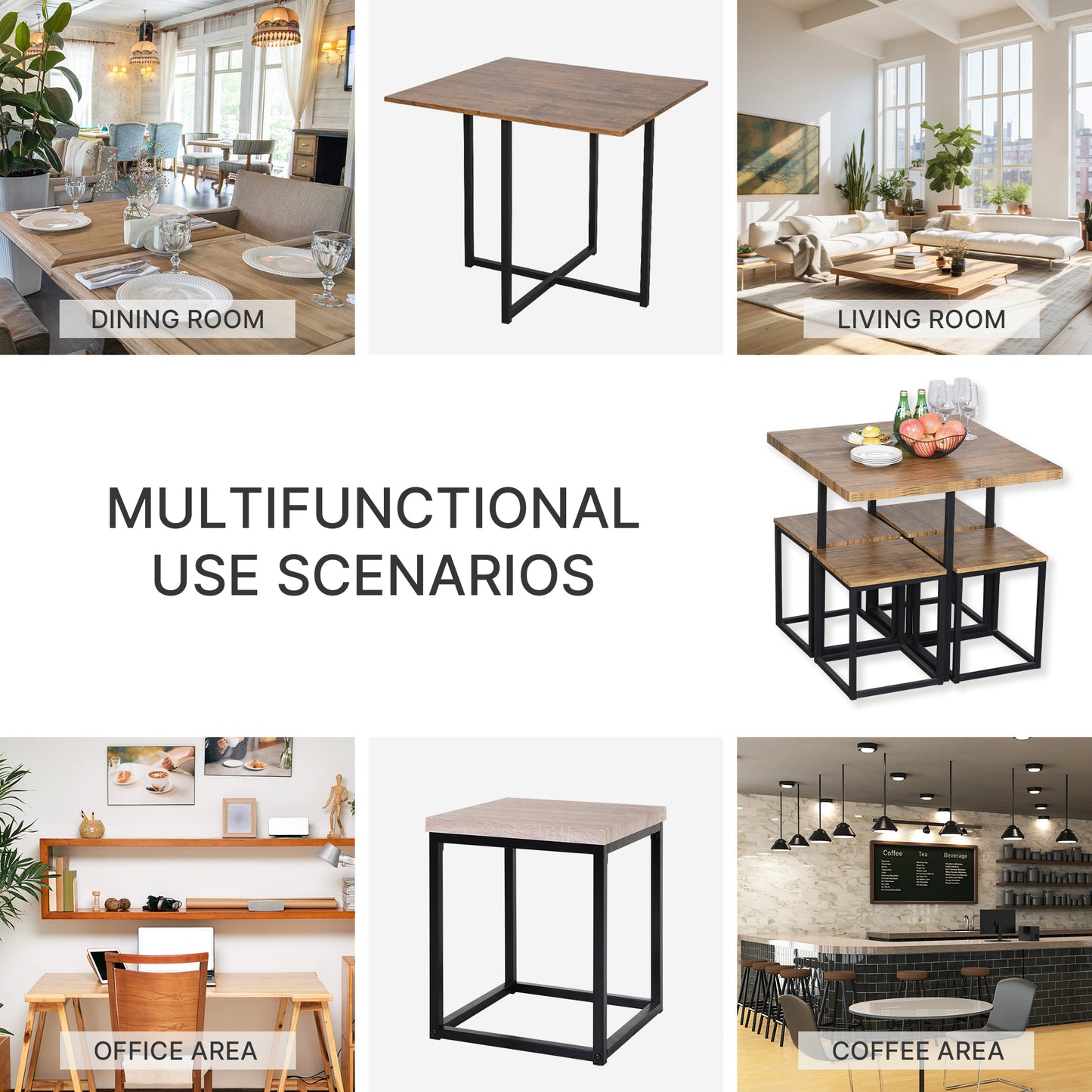 AI62 Decor 5-Piece Industrial Dining Table & Chairs Set – Brown Metal Frame