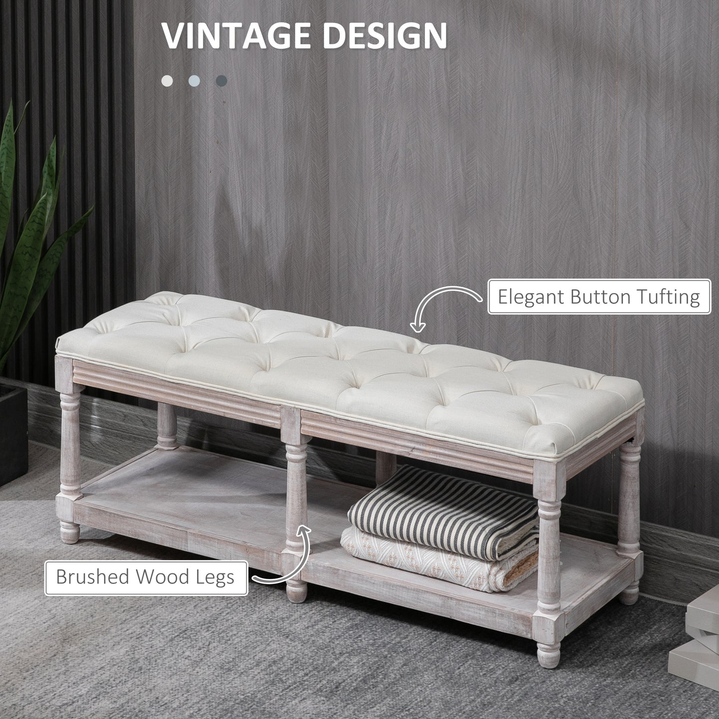 AI62 Decor 2-Tier Upholstered Storage Bench, Wooden Footstool, Cream White