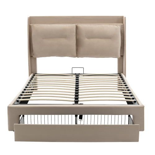 AI62 Decor Beige Velvet Double Bed 135x190cm with Storage & LED