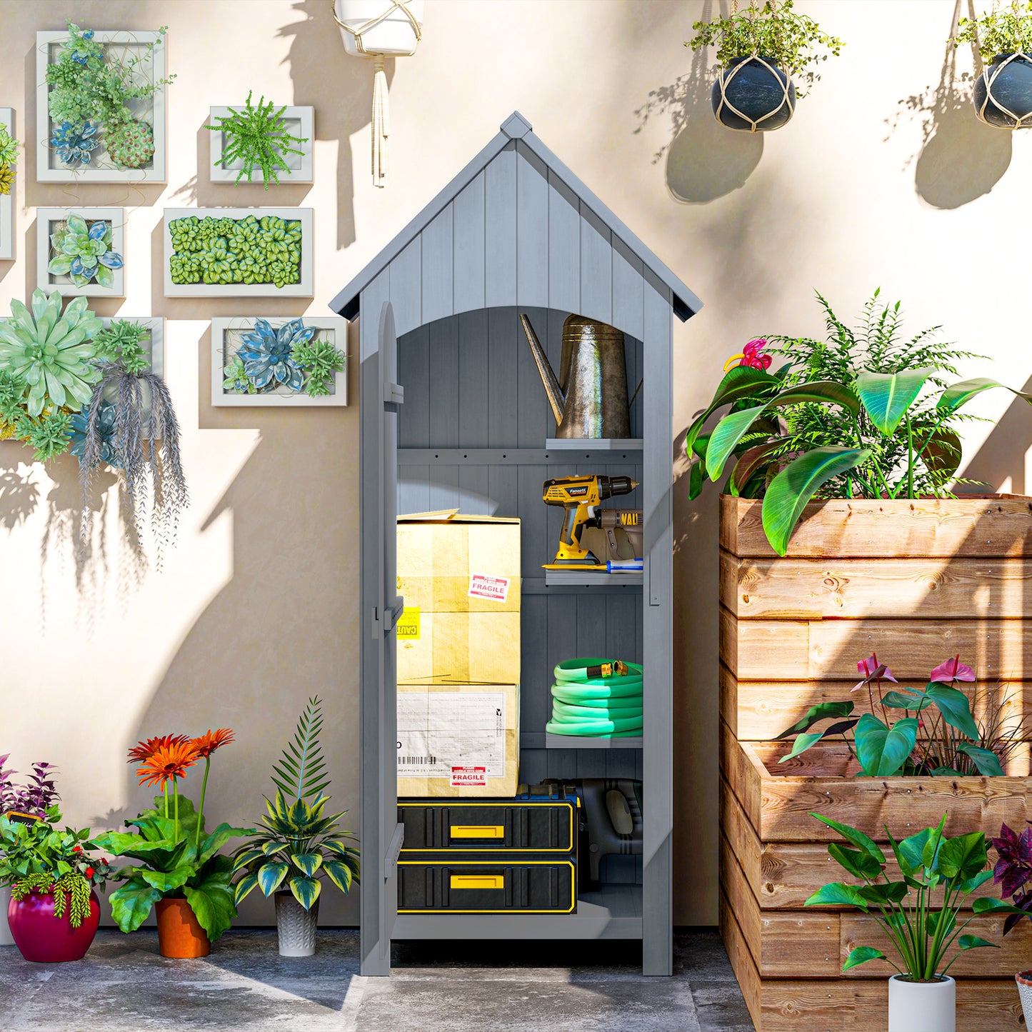 AI62 Decor Wooden Garden Storage Shed with 3 Shelves