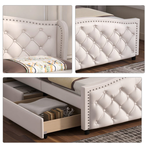 AI62 Decor Upholstered 135x190cm Bed with Drawers & Riveted Headboard – White