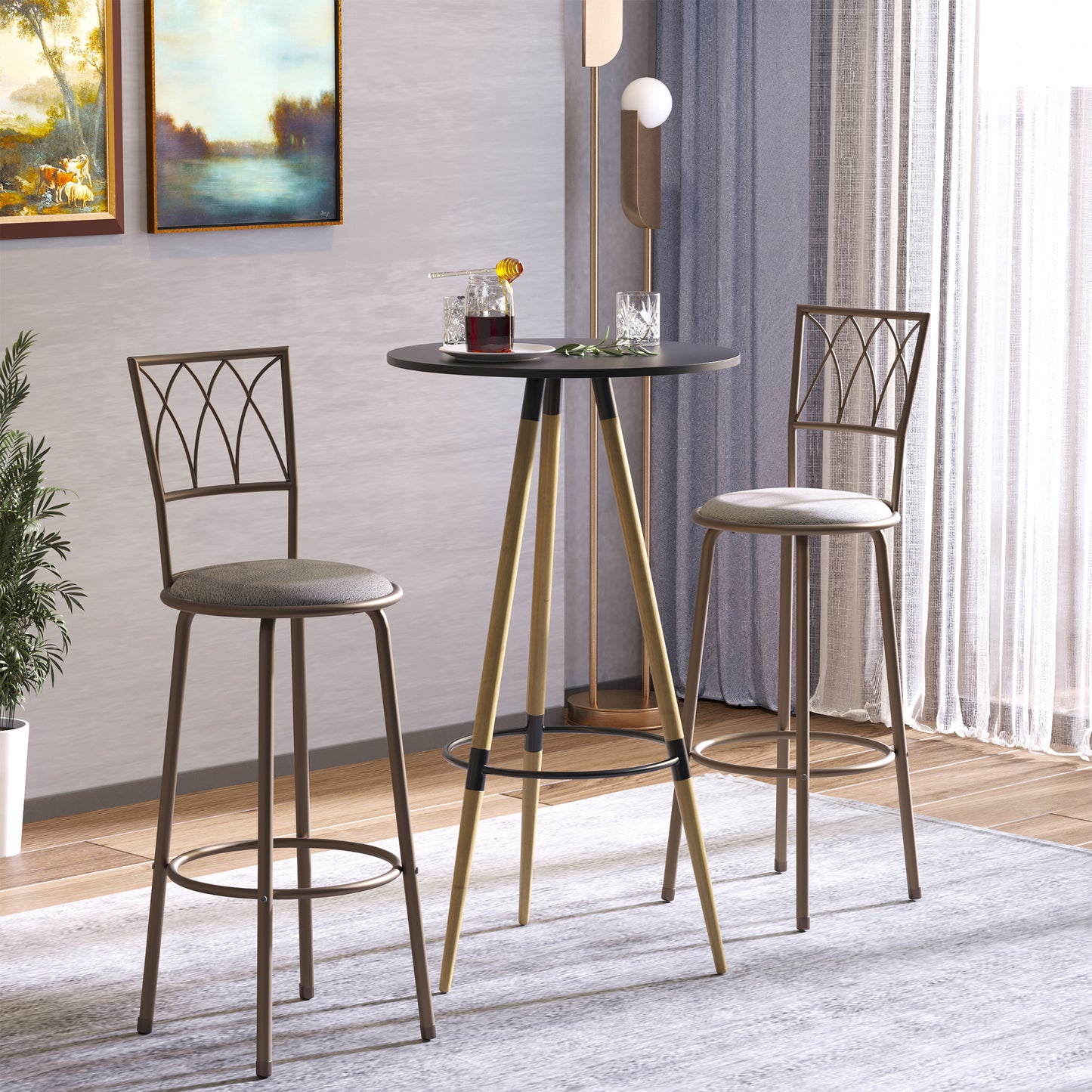 AI62 Decor Set of 2 Swivel Upholstered Bar Chairs with Backrest & Footrest – Bronze