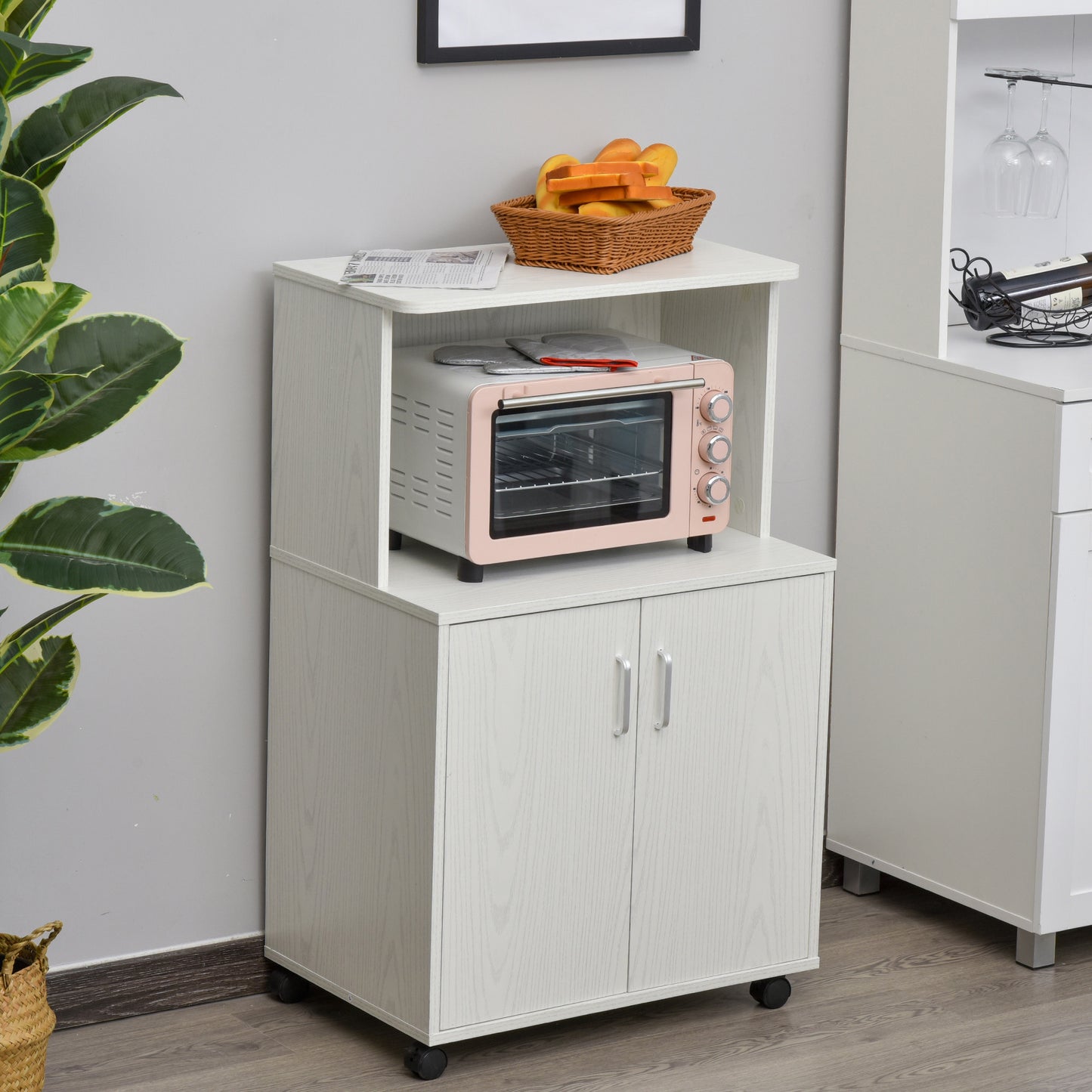 AI62 Decor Modern Kitchen Storage Trolley with Cabinet & Locking Wheels White
