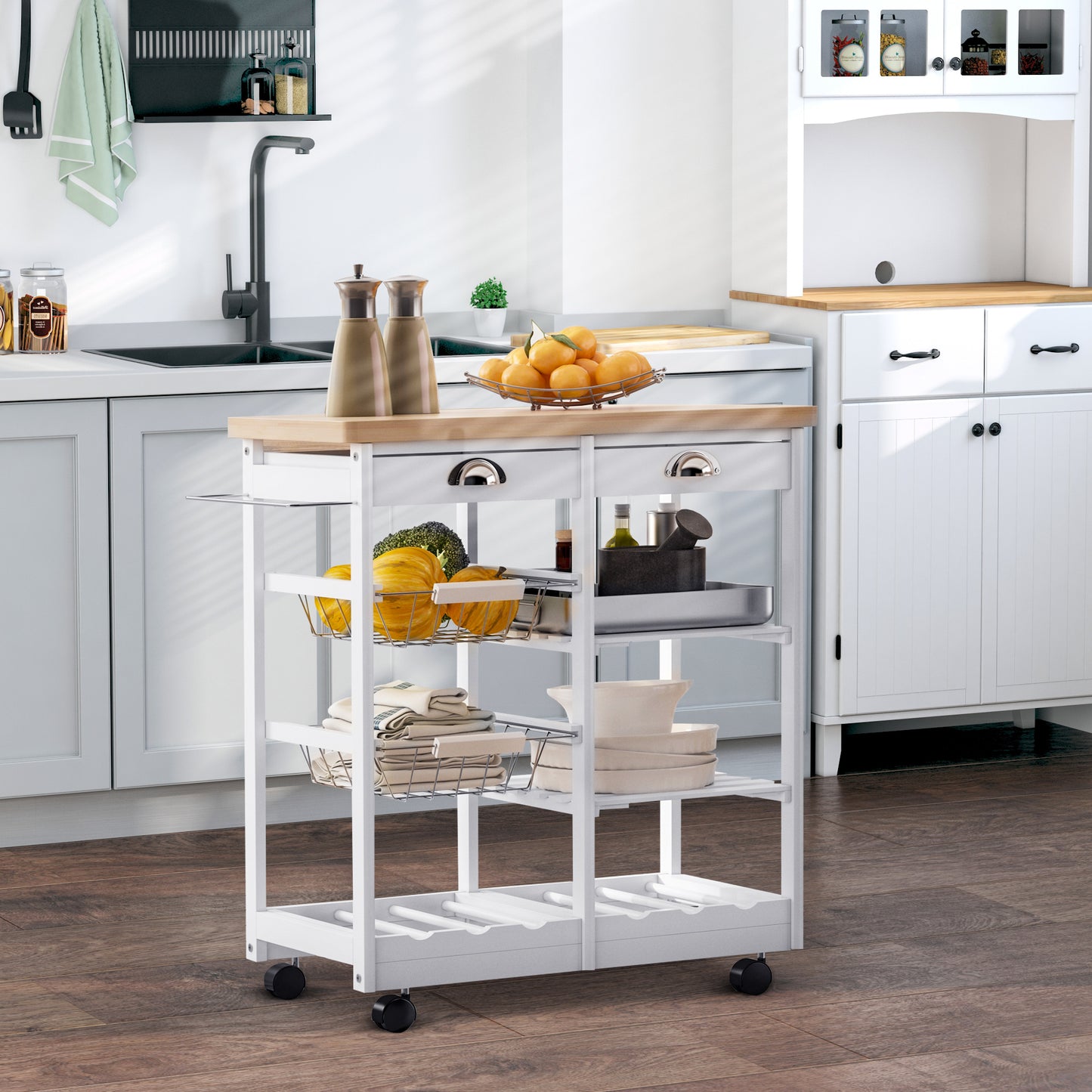 AI62 Decor Rolling Kitchen Island Trolley with Drawer, Wine Rack & Shelves – White