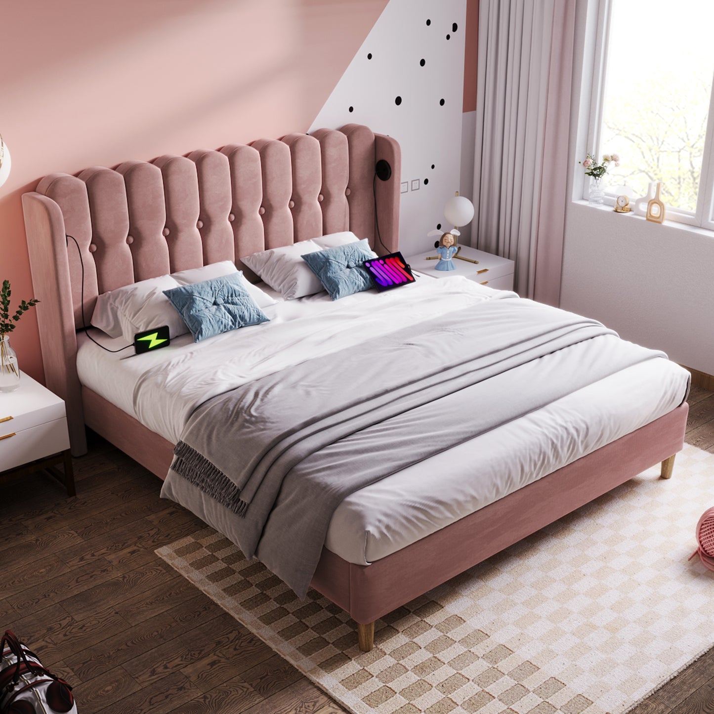 AI62 Decor Pink Velvet Double Bed 135x190cm with Charging Ports