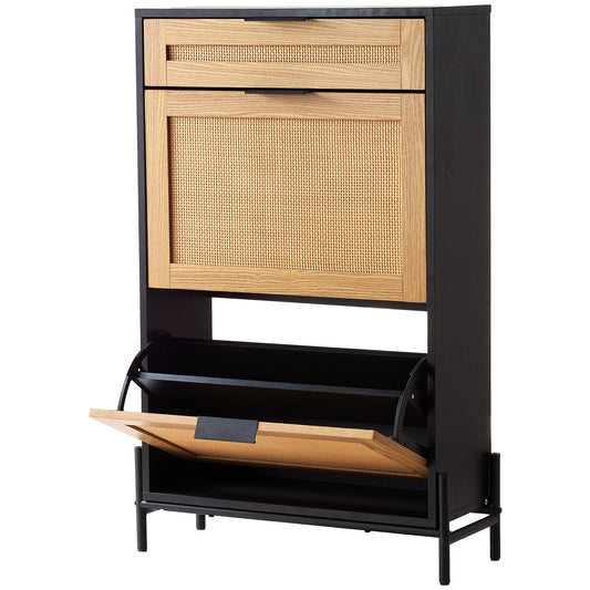 AI62 Decor Narrow Rattan Shoe Cabinet with 3 Drawers, Black