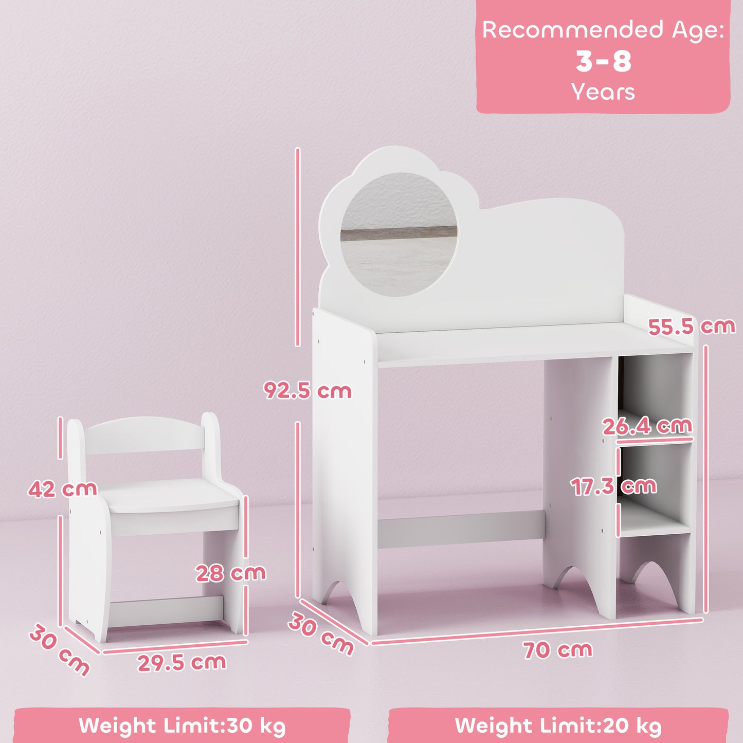 AI62 Decor  Kids Vanity Dressing Table Set with Mirror & Stool – White (Ages 3–8)
