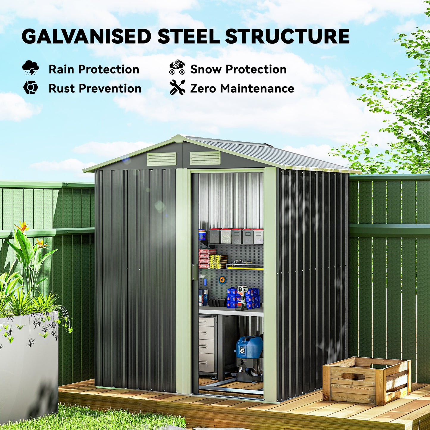 AI62 Decor Garden Metal Tool Shed with Sliding Door & Sloped Roof, Grey