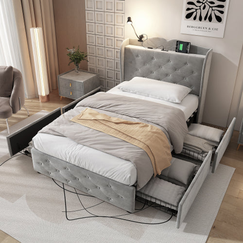 AI62 Decor 3FT Single Grey Velvet Storage Bed with 4 Drawers & USB