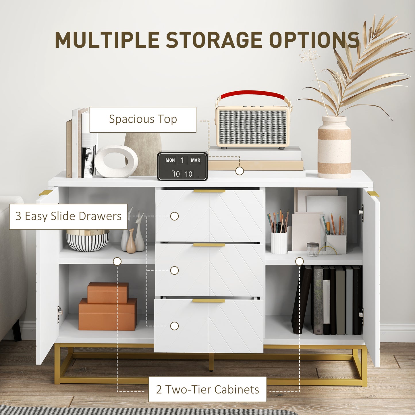 AI62 Decor Sideboard With 3 Drawers And Adjustable Shelves For Living Room - White