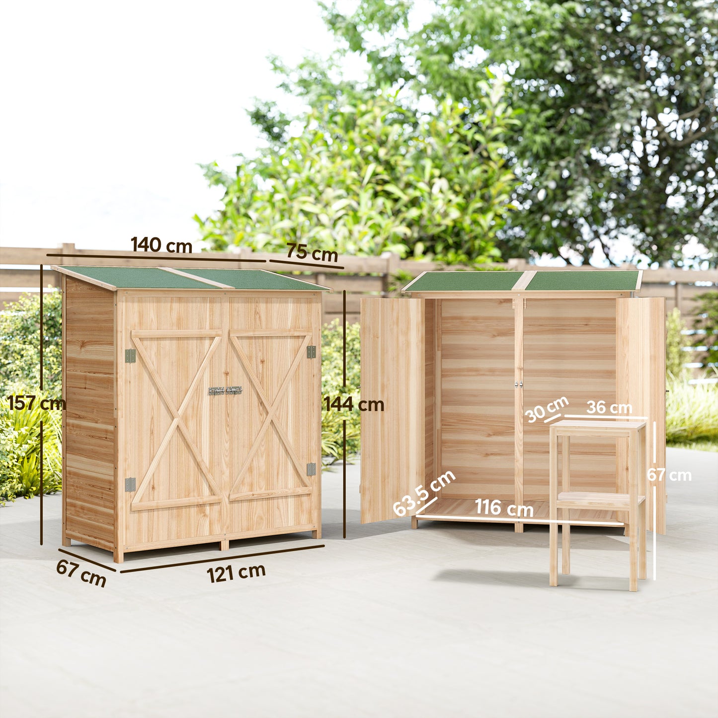 AI62 Decor 140 X 75 Fir Wood Garden Shed, With Asphalt Roof - Natural