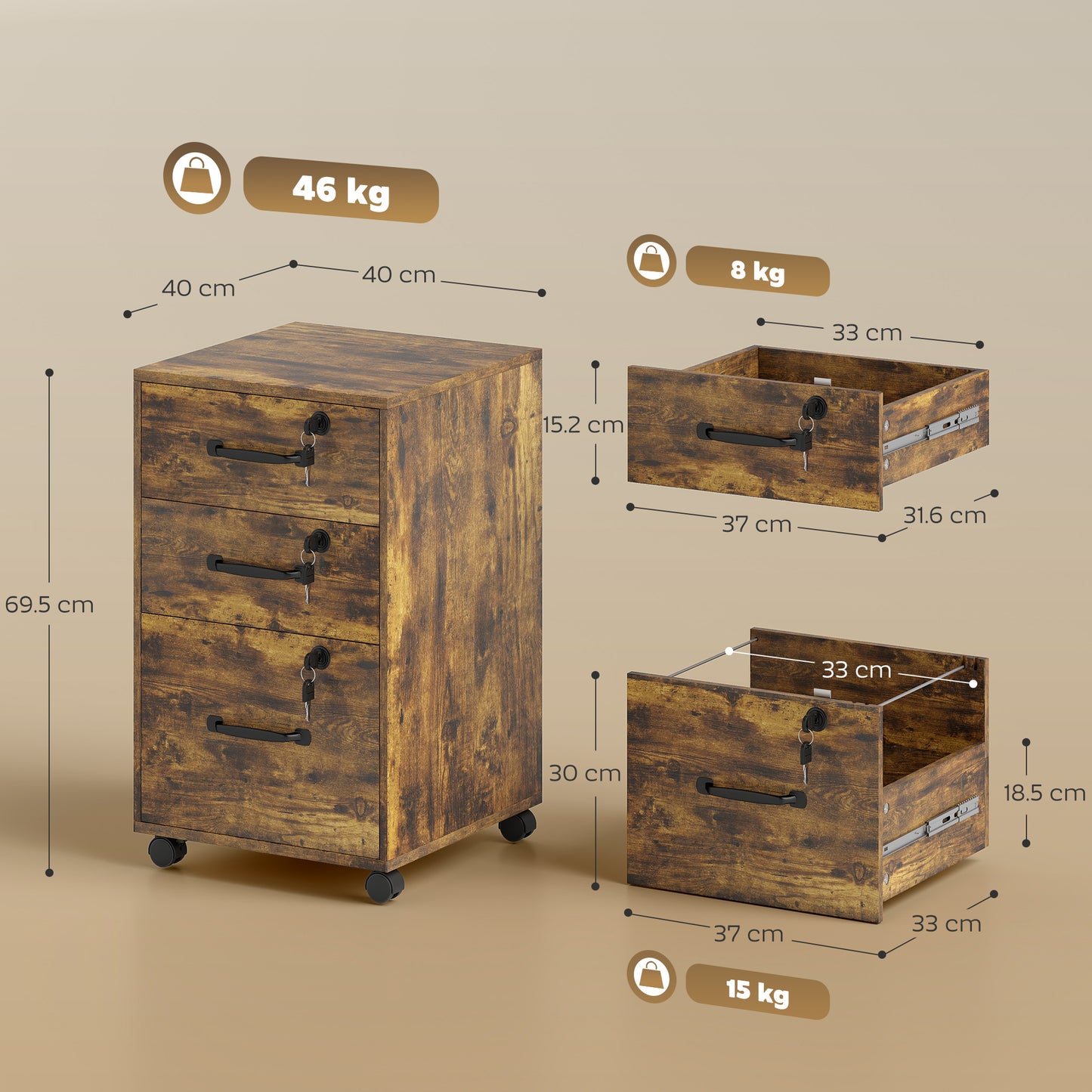 AI62 Decor Three Drawer Wood-Effect Filing Cabinet - Rustic Brown