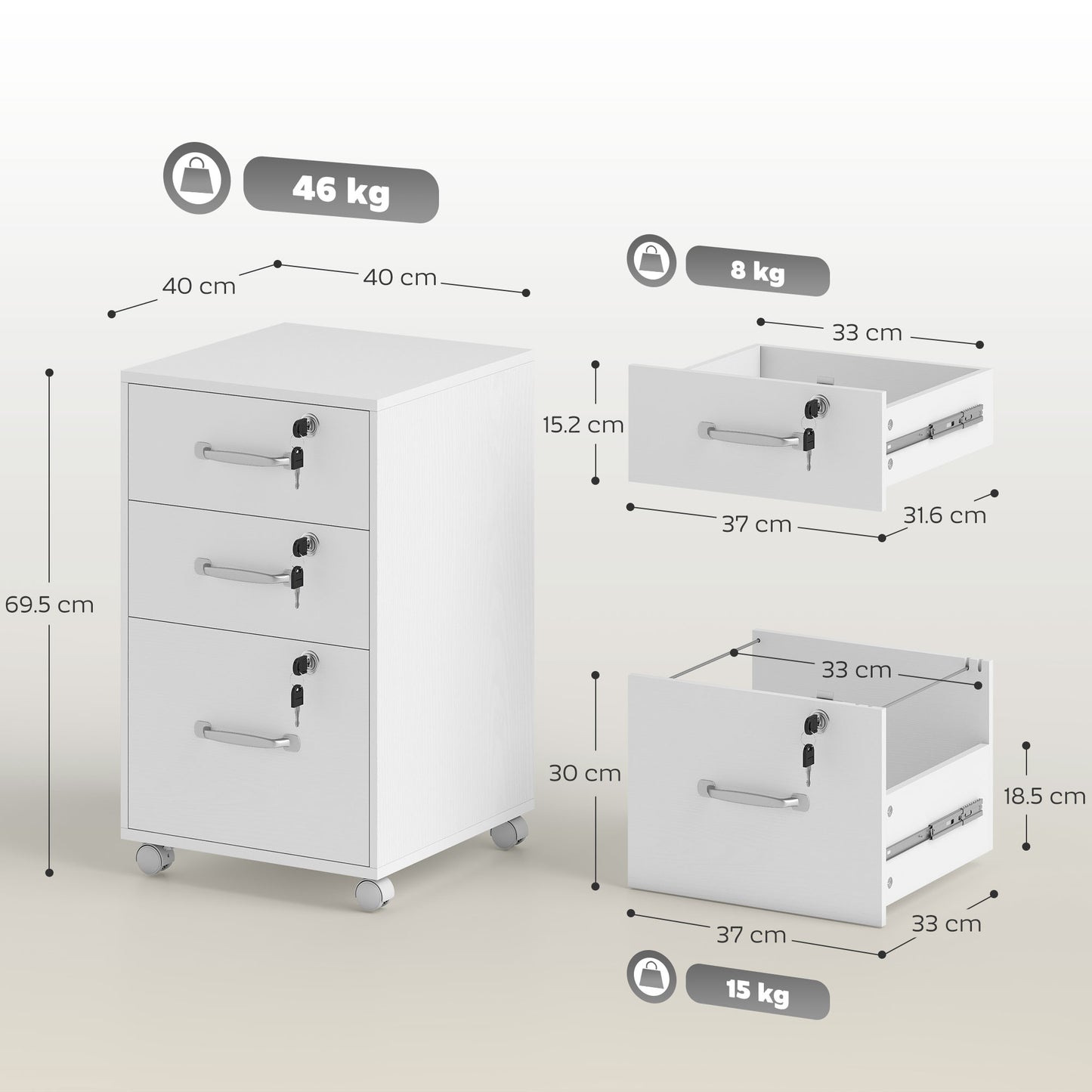 AI62 Decor Three Drawer Wood-Effect Filing Cabinet - White