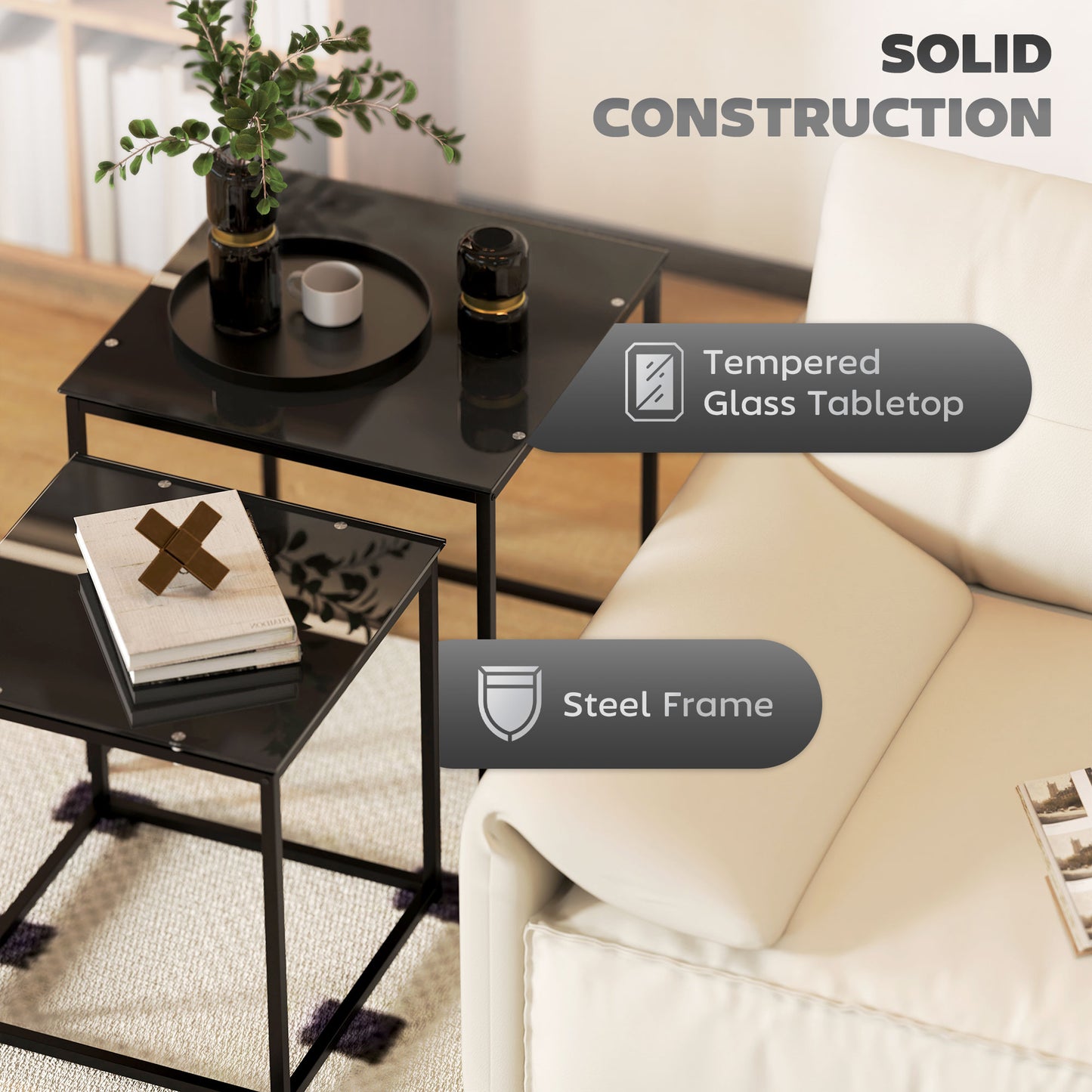 AI62 Decor 2-Piece Nesting Coffee & Side Tables with Glass Top – Black