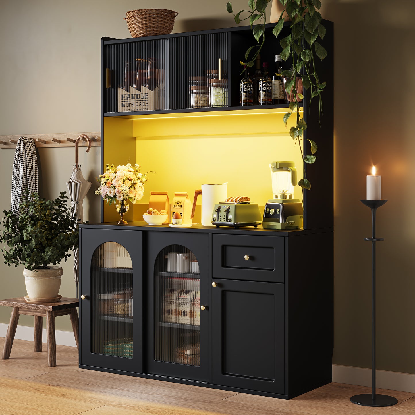 AI62 Decor Tall Kitchen Cabinet 120×35×167cm with LED – Black