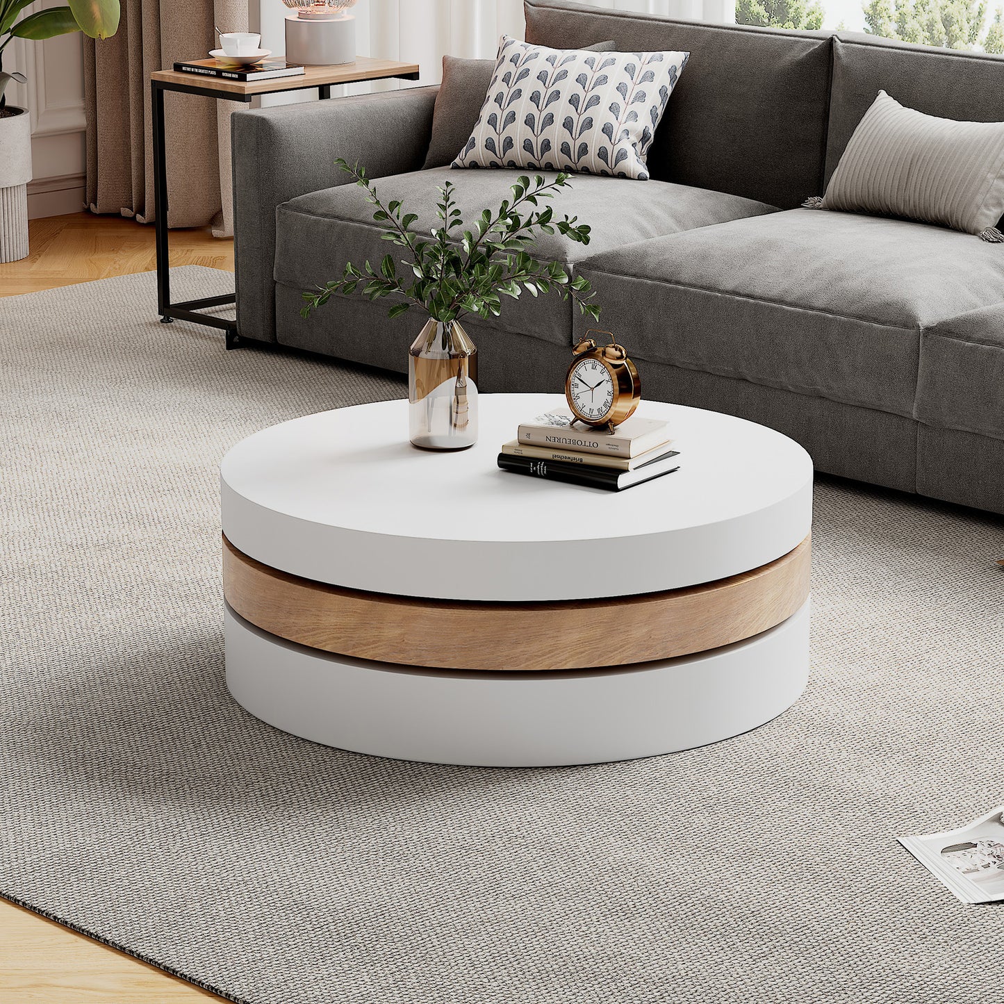 AI62 Decor Round 3-Tier Rotating Coffee Table with Storag