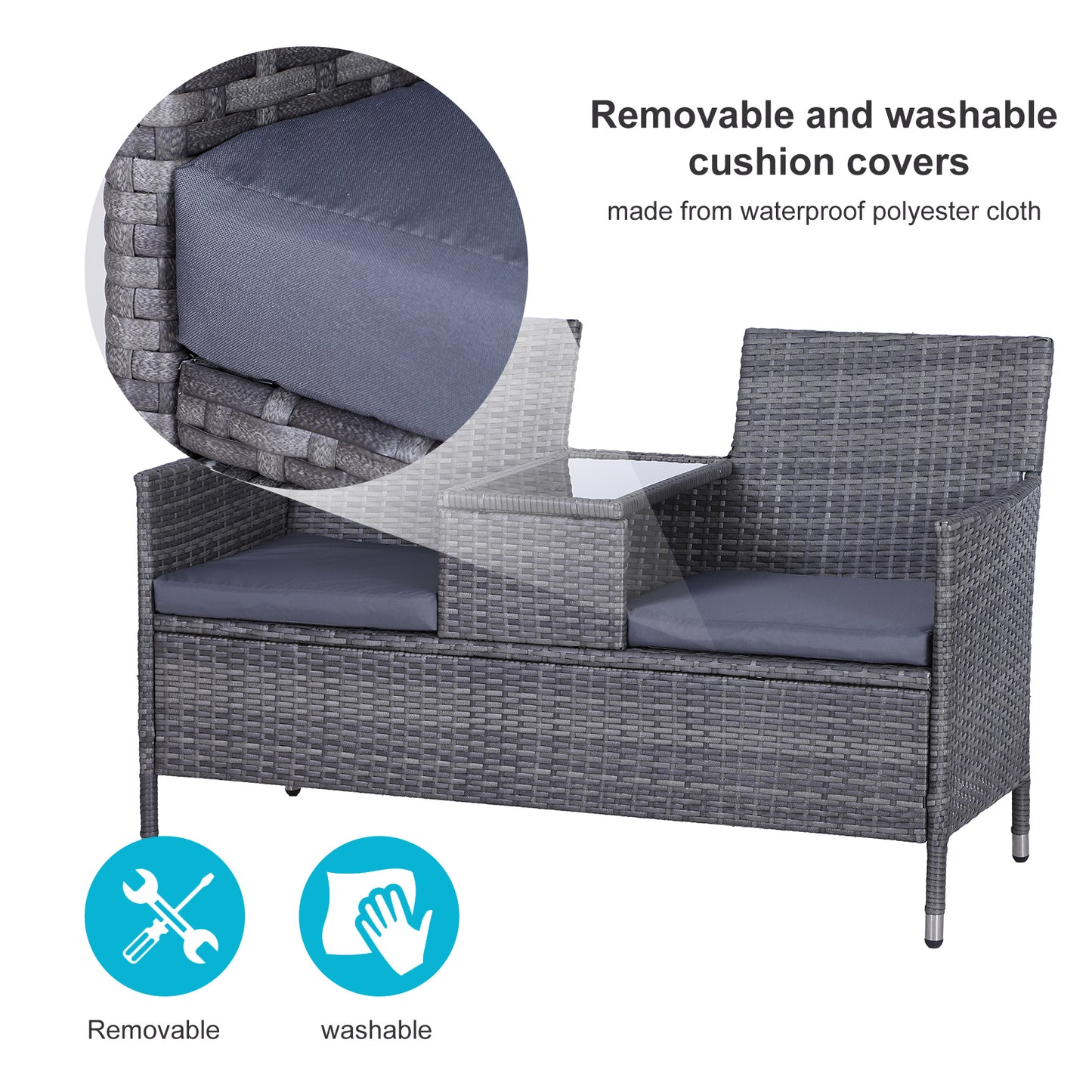 AI62 Decor 2-Seater PE Rattan Outdoor Garden Bench W/ Centre Table Grey