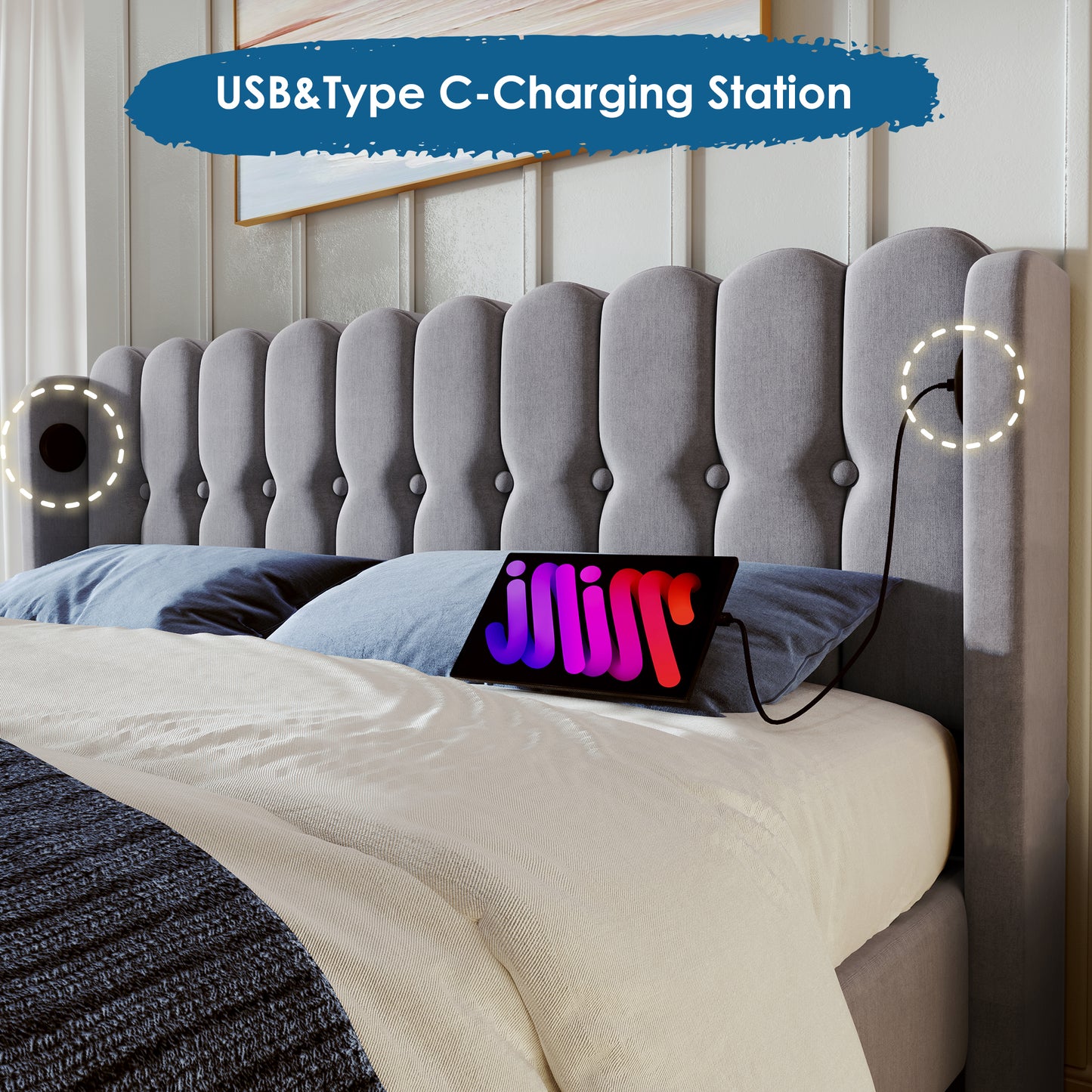 AI62 Decor Grey Linen Double Bed with USB & Type-C Charging