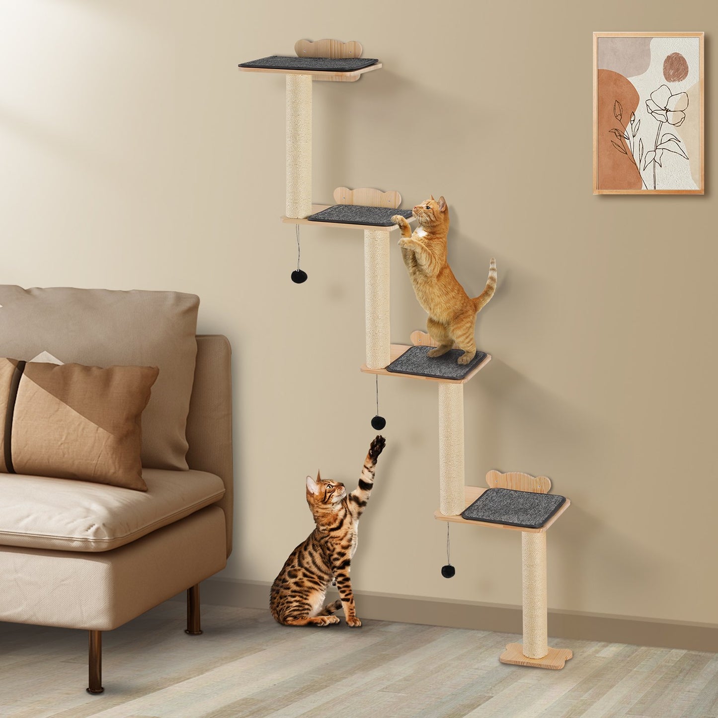 AI62 Decor 4-Tier Wall-Mounted Cat Tree with Floating Shelves, Pine Wood