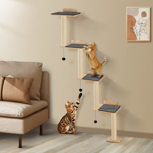 AI62 Decor 4-Tier Wall-Mounted Cat Tree with Floating Shelves, Pine Wood