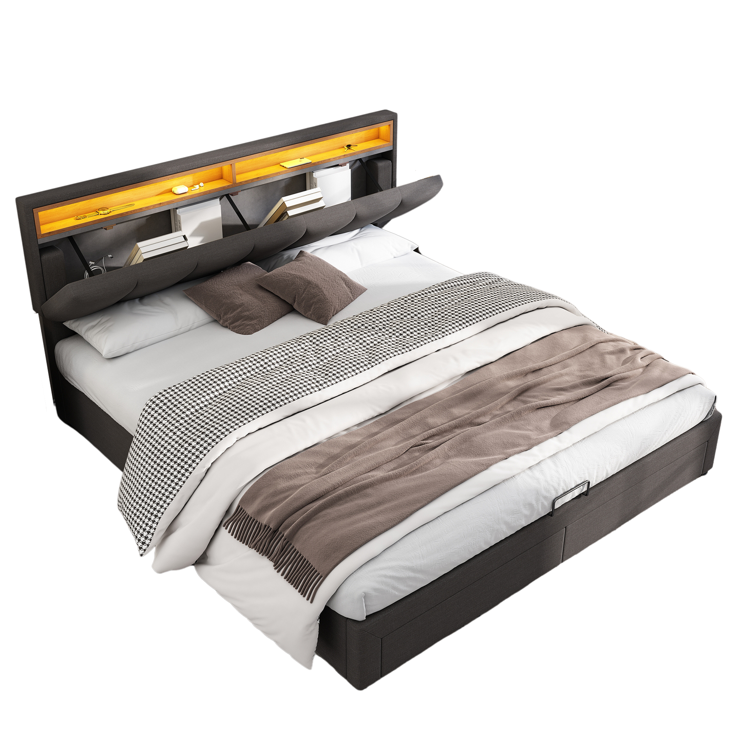 AI62 Decor LED King Size Bed with Storage & Foam Headboard - Grey