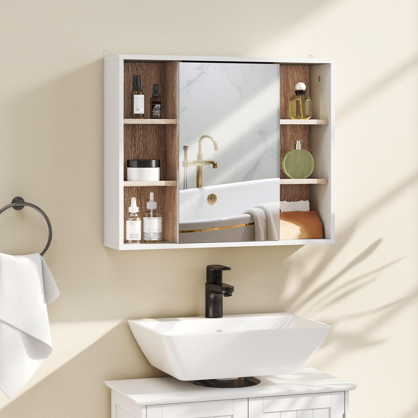 AI62 Decor Bathroom Mirror Cabinet with Open Storage & Shelf - White