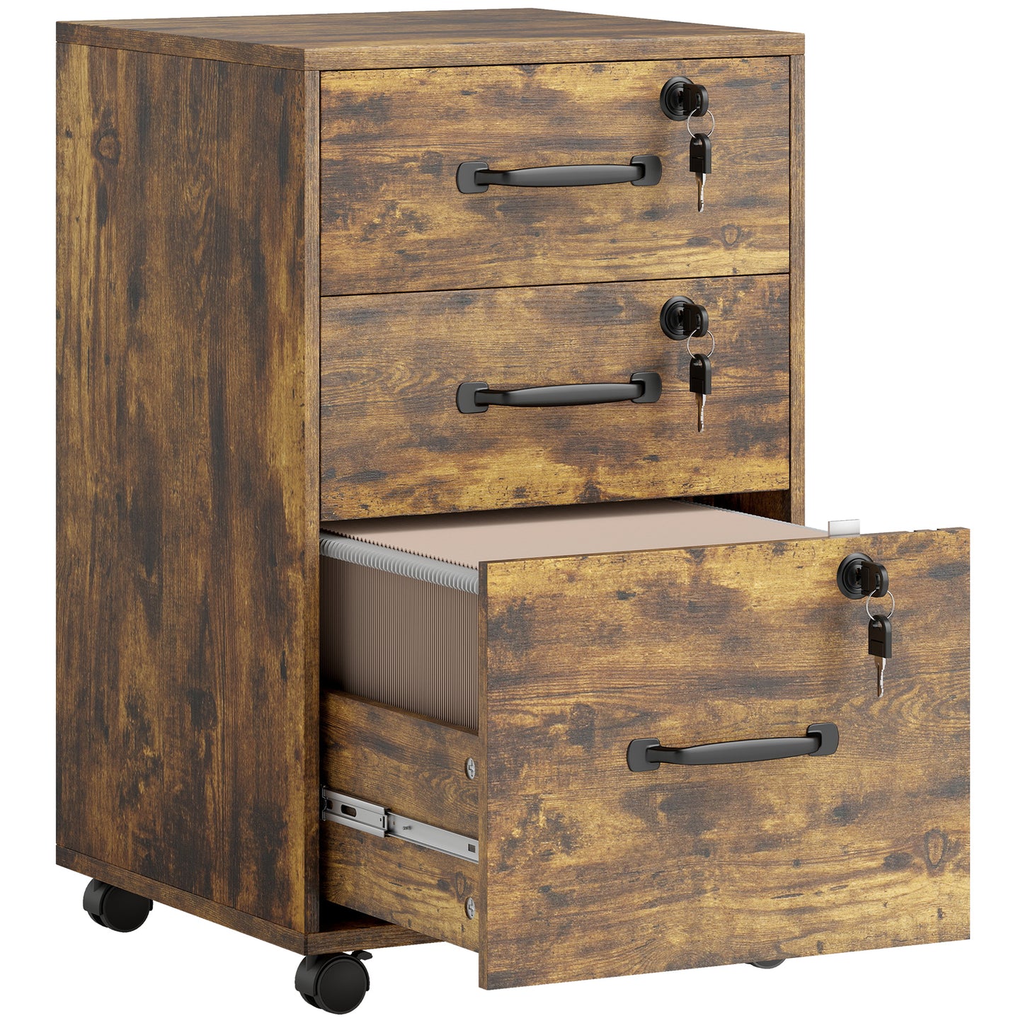 AI62 Decor Three Drawer Wood-Effect Filing Cabinet - Rustic Brown
