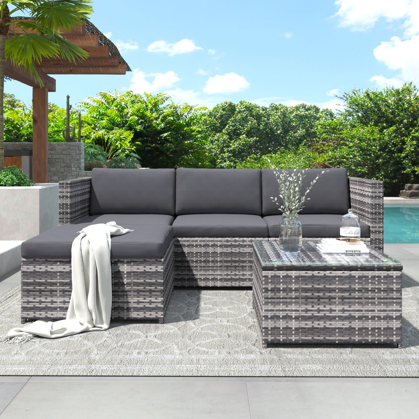 AI62 Decor Grey Rattan Garden Corner Sofa
