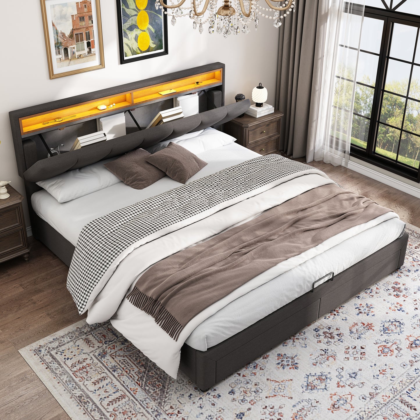 AI62 Decor LED King Size Bed with Storage & Foam Headboard - Grey