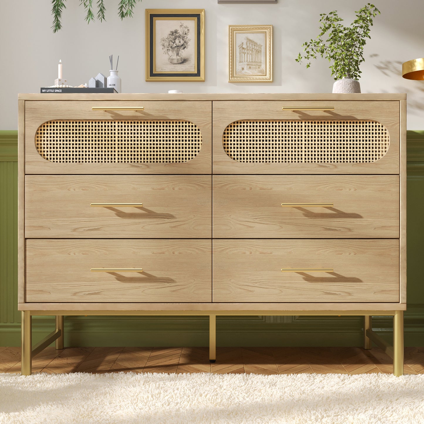 AI62 Decor 6-Drawer Oak Sideboard with Rattan Design