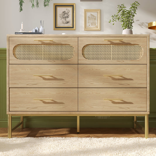 AI62 Decor 6-Drawer Oak Sideboard with Rattan Design