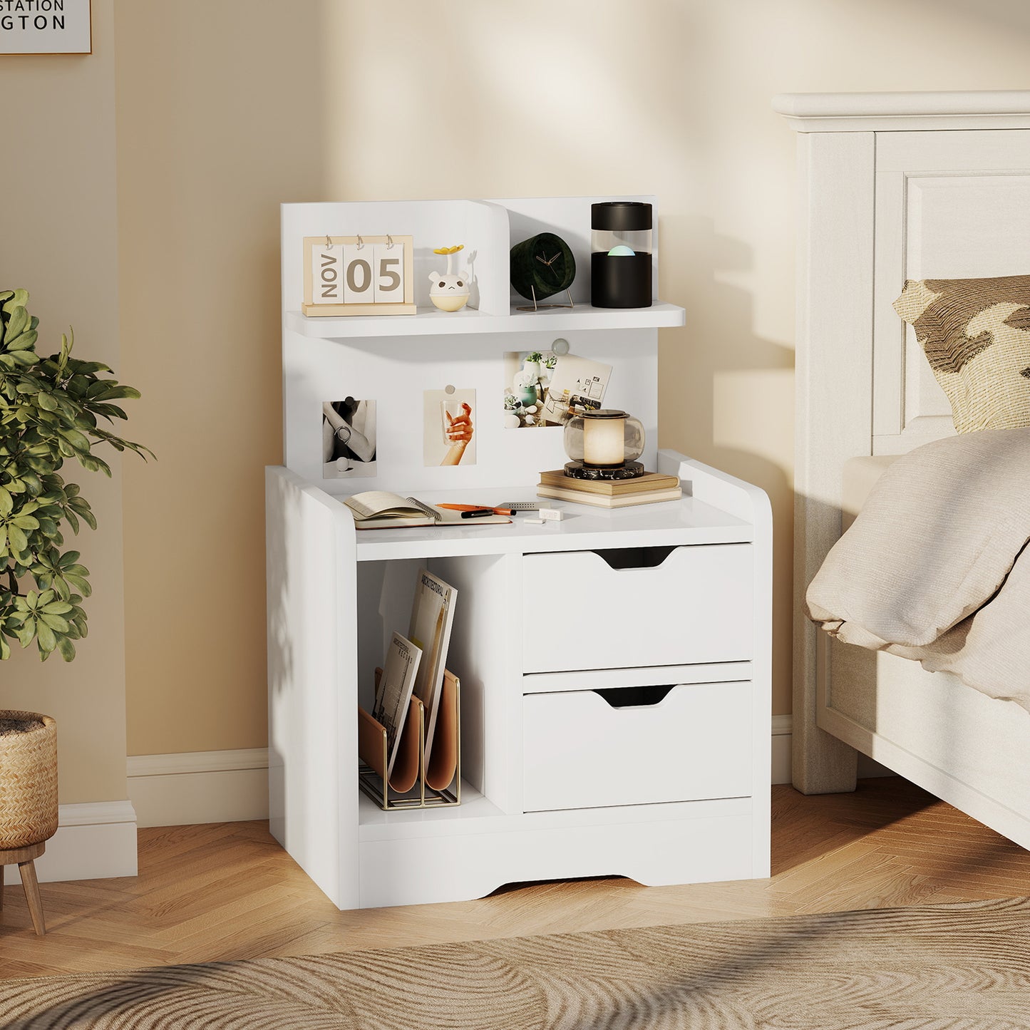 AI62 Decor Bedside Table With 2 Drawers And Open Shelves - High Gloss White