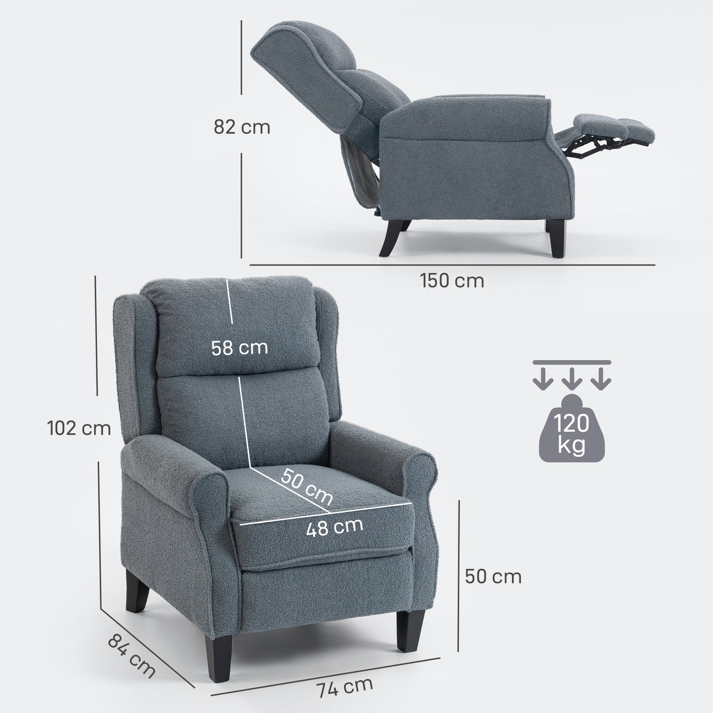 AI62 Decor Recliner Armchair With Extended Leg Rest - Grey