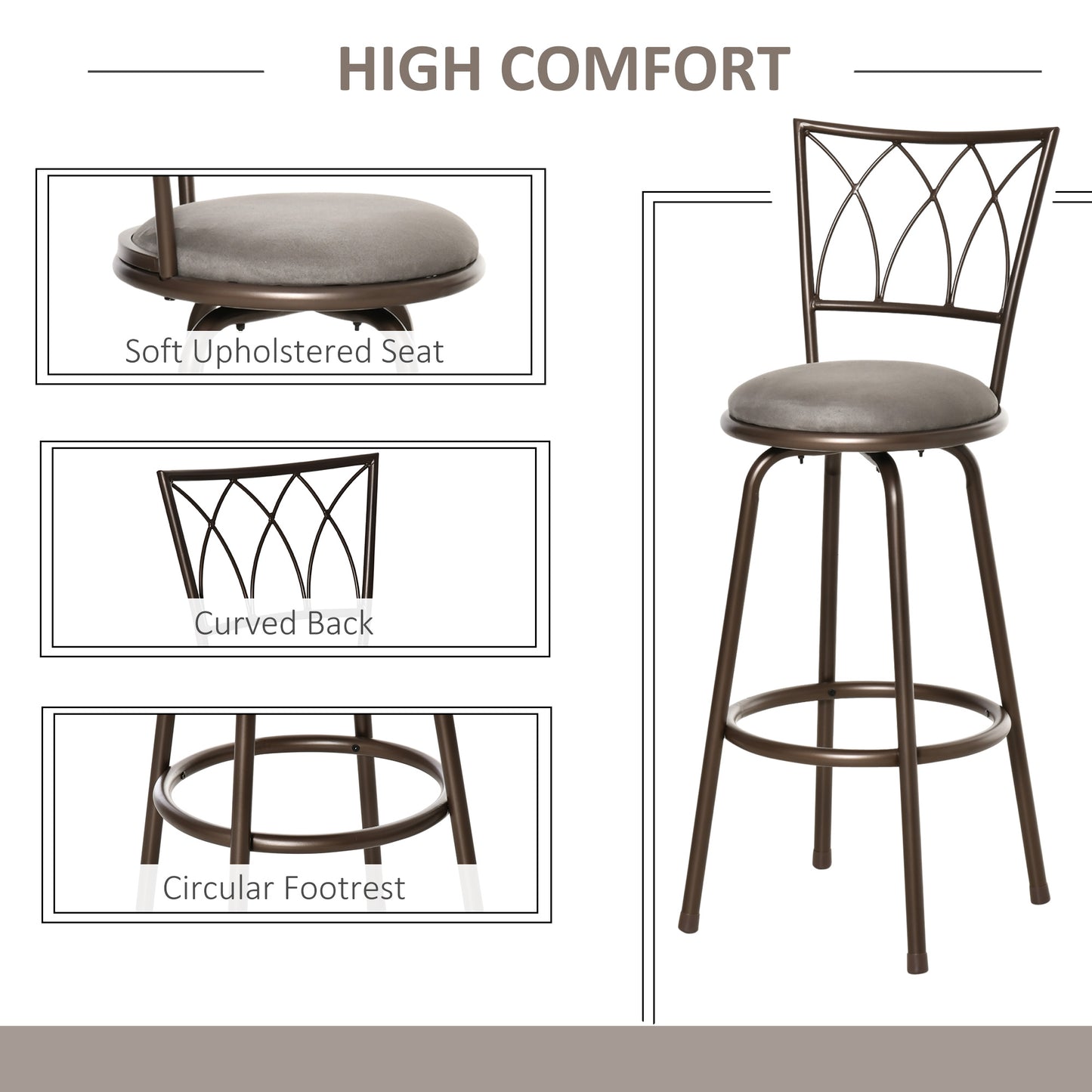 AI62 Decor Set of 2 Swivel Upholstered Bar Chairs with Backrest & Footrest – Bronze