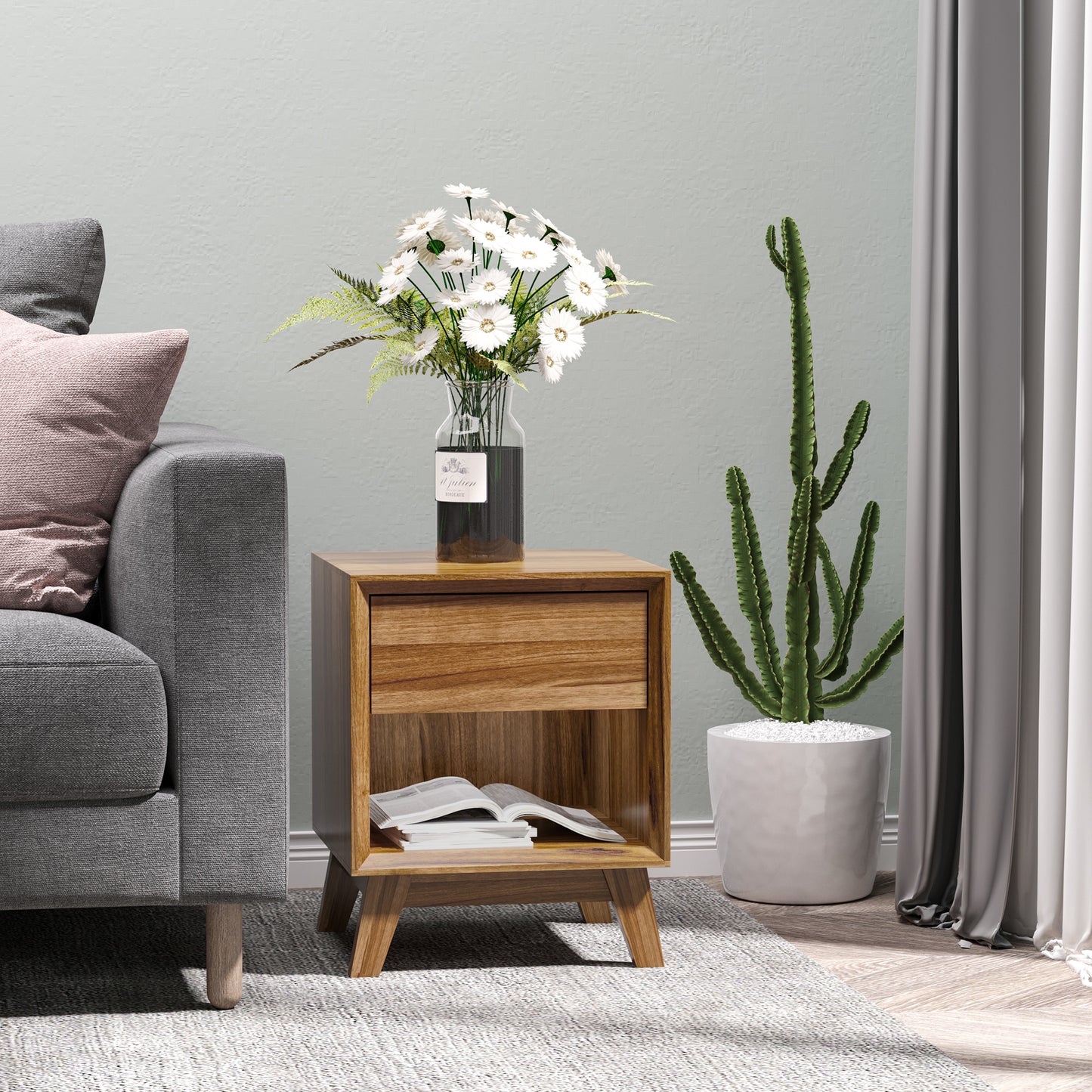 AI62 Decor Modern Bedside Table with Drawer & Shelf – Walnut Brown