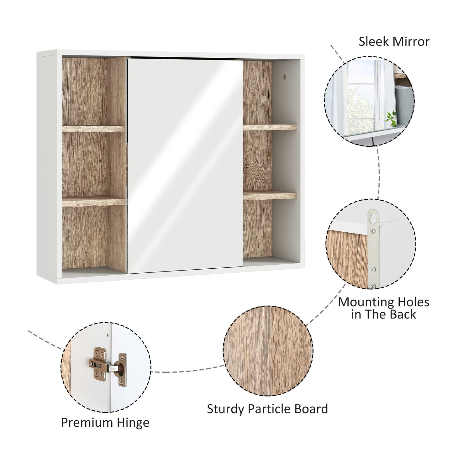 AI62 Decor Bathroom Mirror Cabinet with Open Storage & Shelf - White