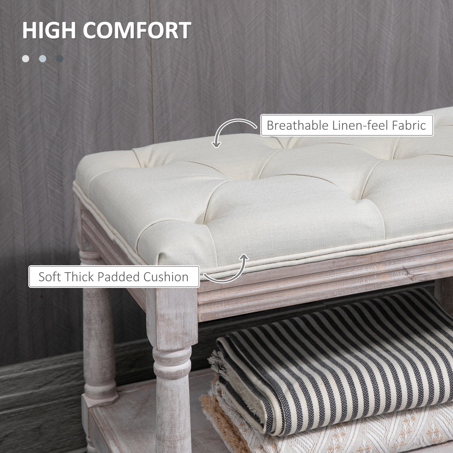 AI62 Decor 2-Tier Upholstered Storage Bench, Wooden Footstool, Cream White