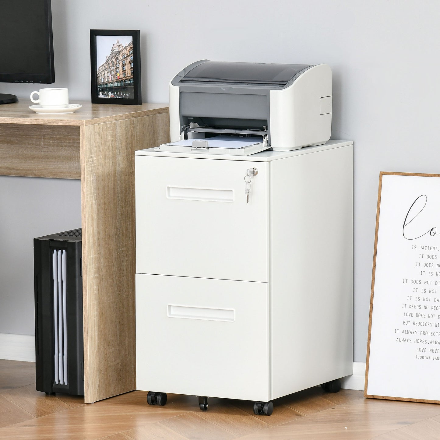 AI62 Decor Vinsetto Metal Mobile 2-Drawer Filing Cabinet with Lock & Wheels