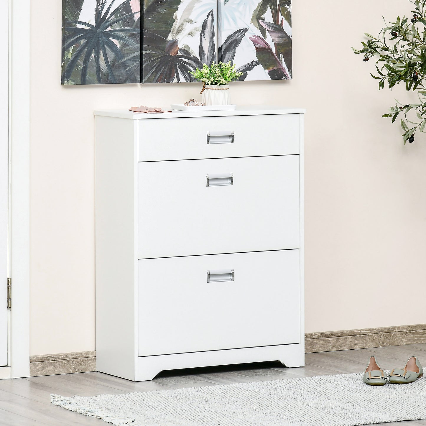 AI62 Decor Slim White Shoe Cabinet with Drawer & Adjustable Shelf – 16-Pair Capacity