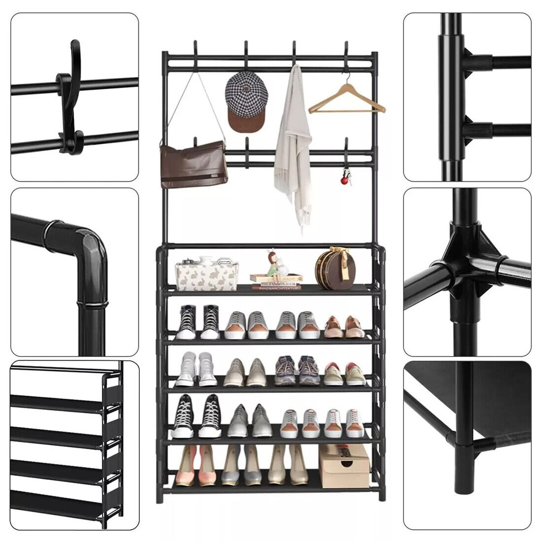 AI62 Decor 8-Hook Coat & Hat Stand with 5-Tier Shoe Rack – Black