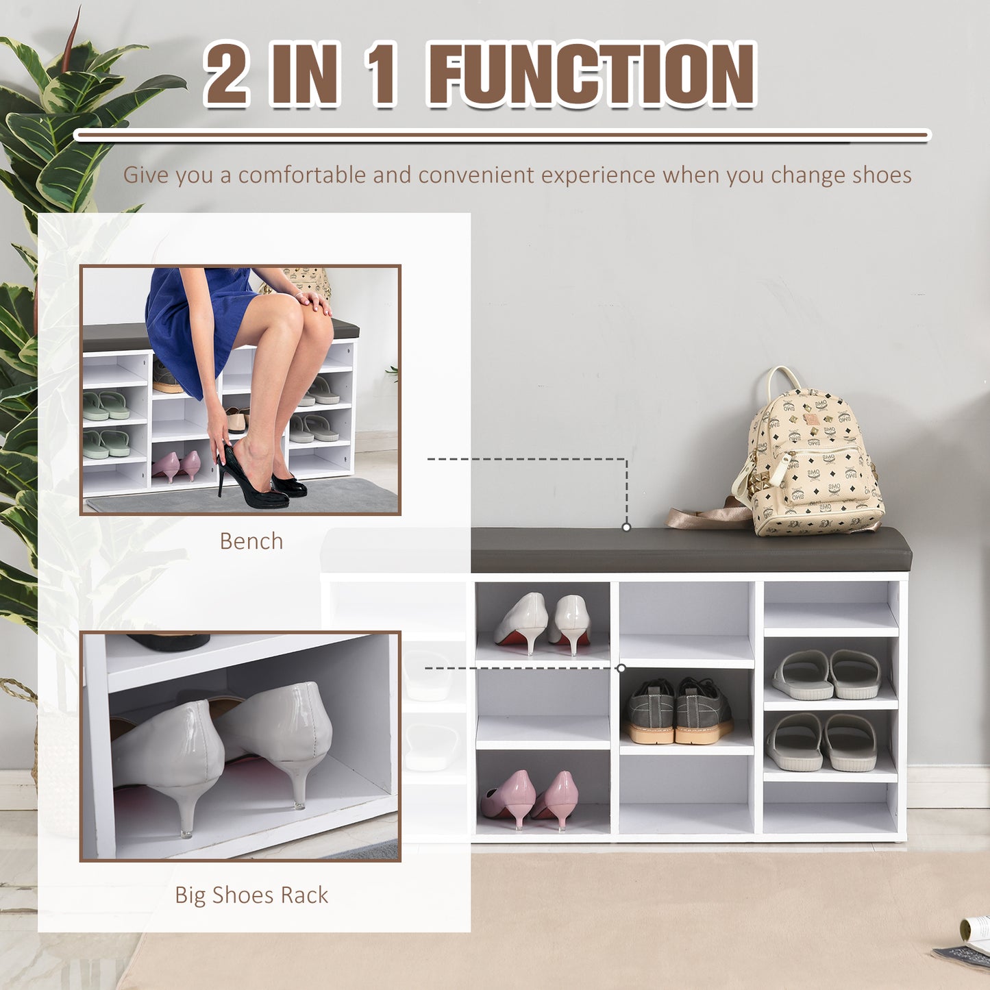 AI62 Decor 14-Compartment Shoe Rack with Cushion & Solid Frame – White