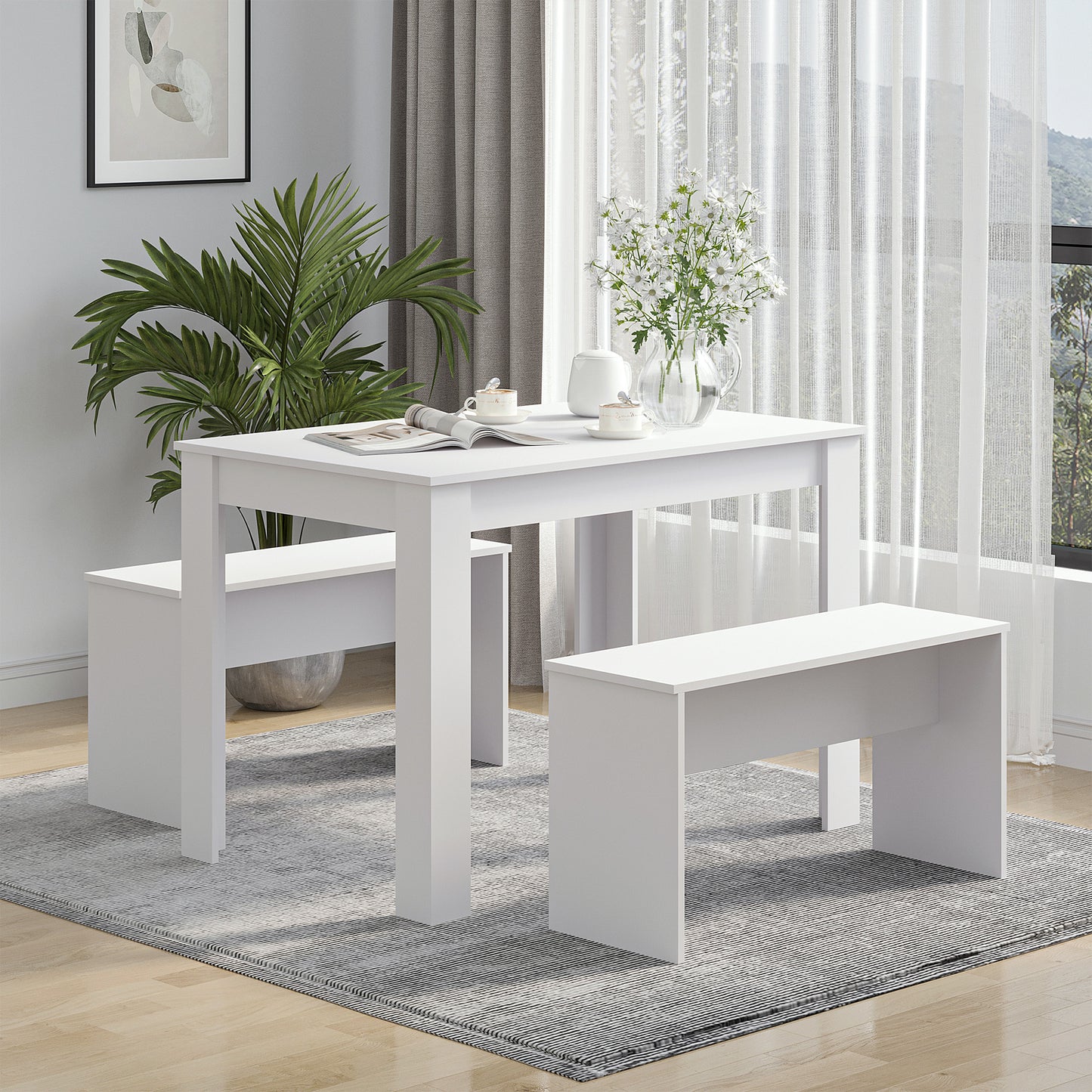 AI62 Decor White Kitchen Dining Table & 2 Benches Set