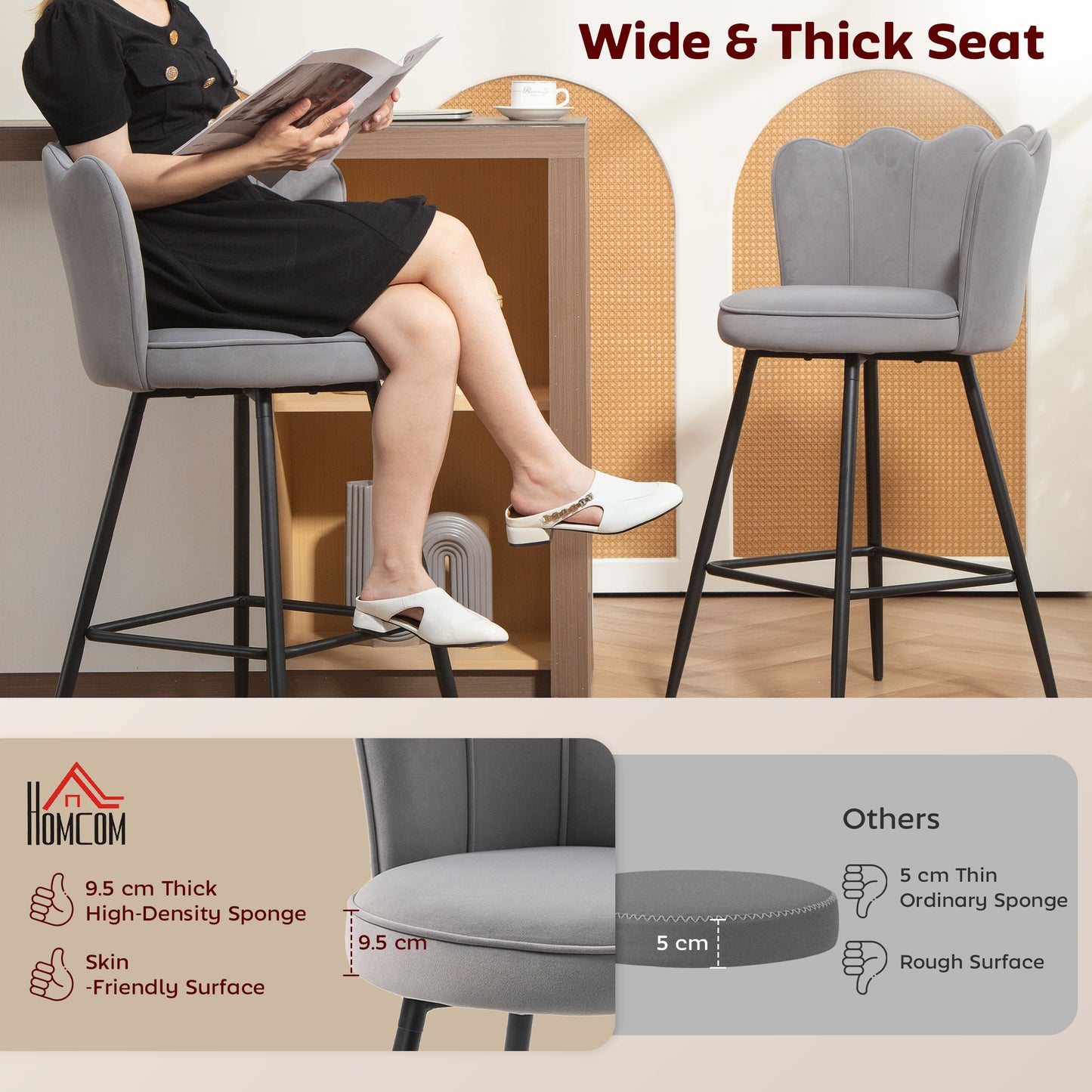 AI62 Decor Set Of Two Velvet-Feel Lotus Bar Stools - Grey