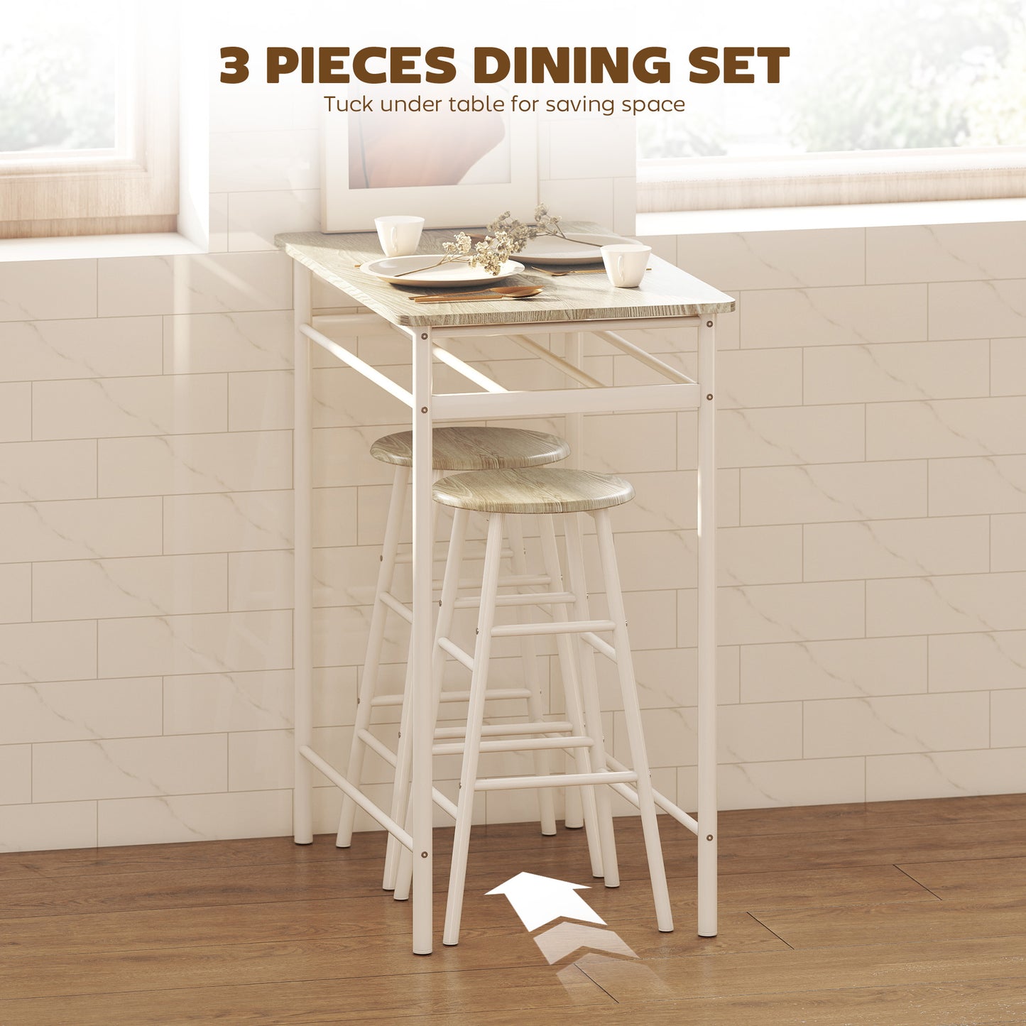 AI62 Decor Bar Table & Stools Set with Footrest & Shelf – White & Oak