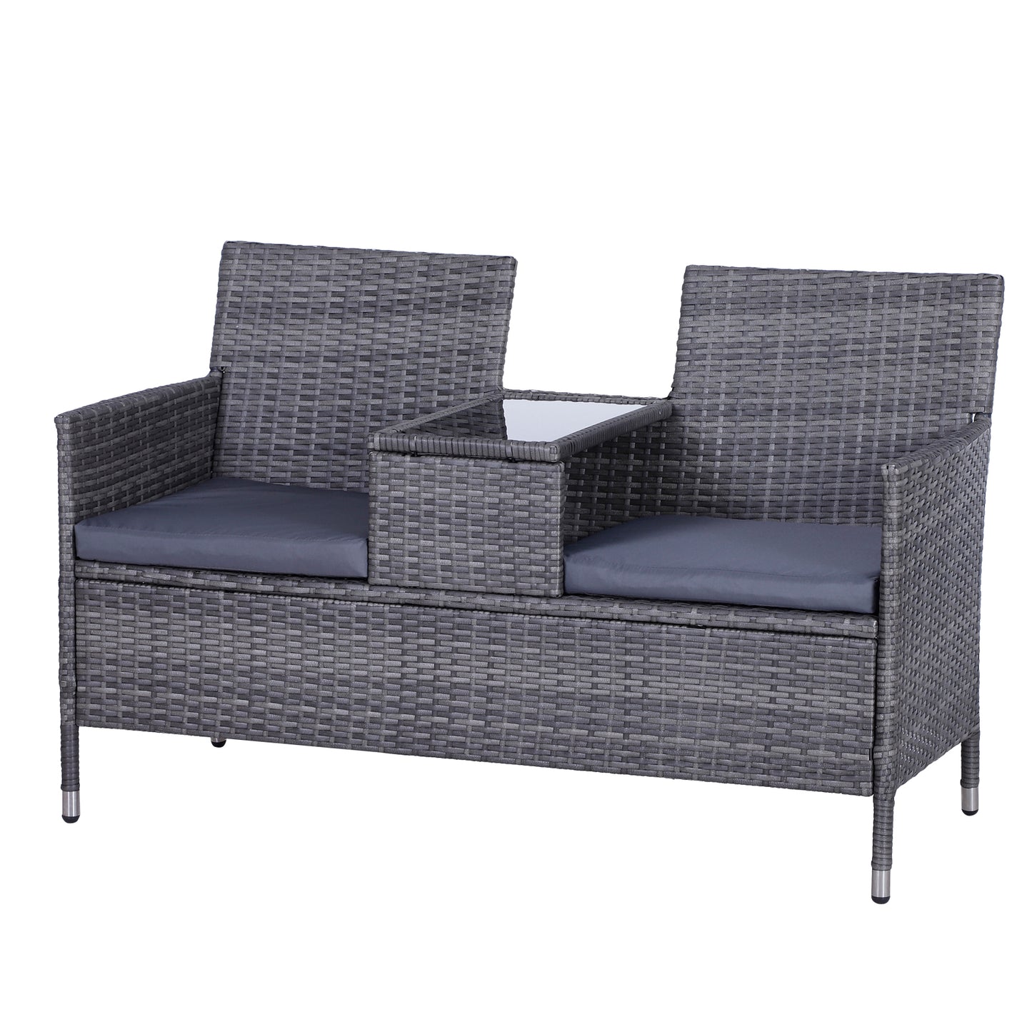 AI62 Decor 2-Seater PE Rattan Outdoor Garden Bench W/ Centre Table Grey