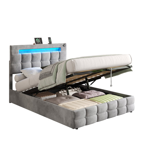AI62 Decor Double Upholstered Ottoman Bed 4ft6 with LED & Storage, Beige