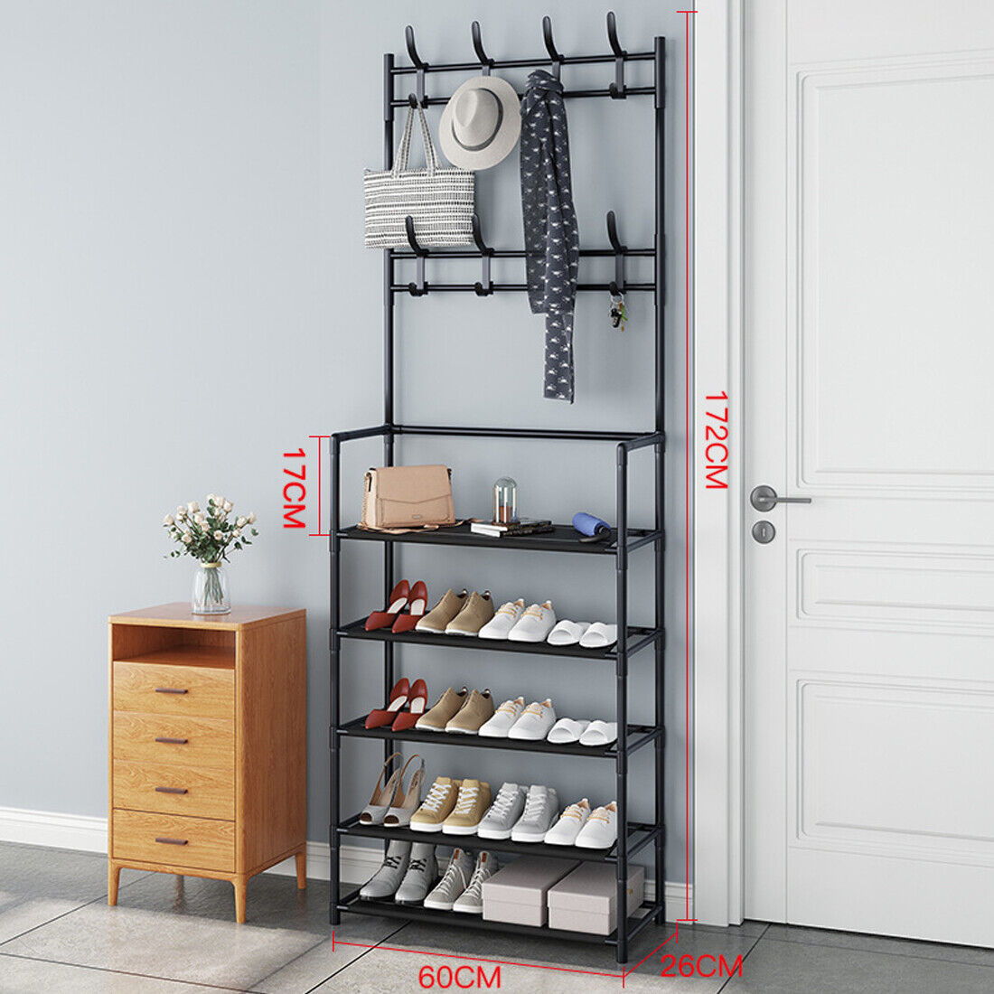 AI62 Decor 8-Hook Coat & Hat Stand with 5-Tier Shoe Rack – Black